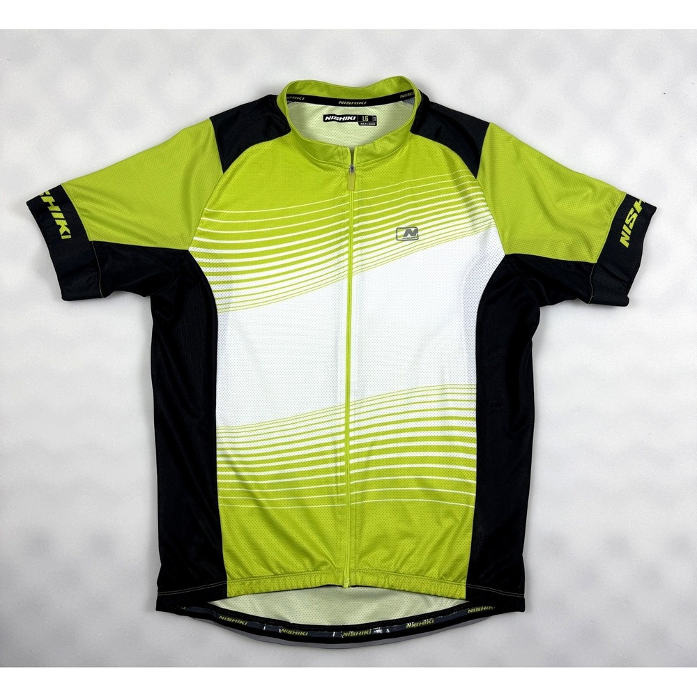 Nishiki Mens Large Cycling Jersey Short Sleeve Full Zip Green Black Graphic Bike